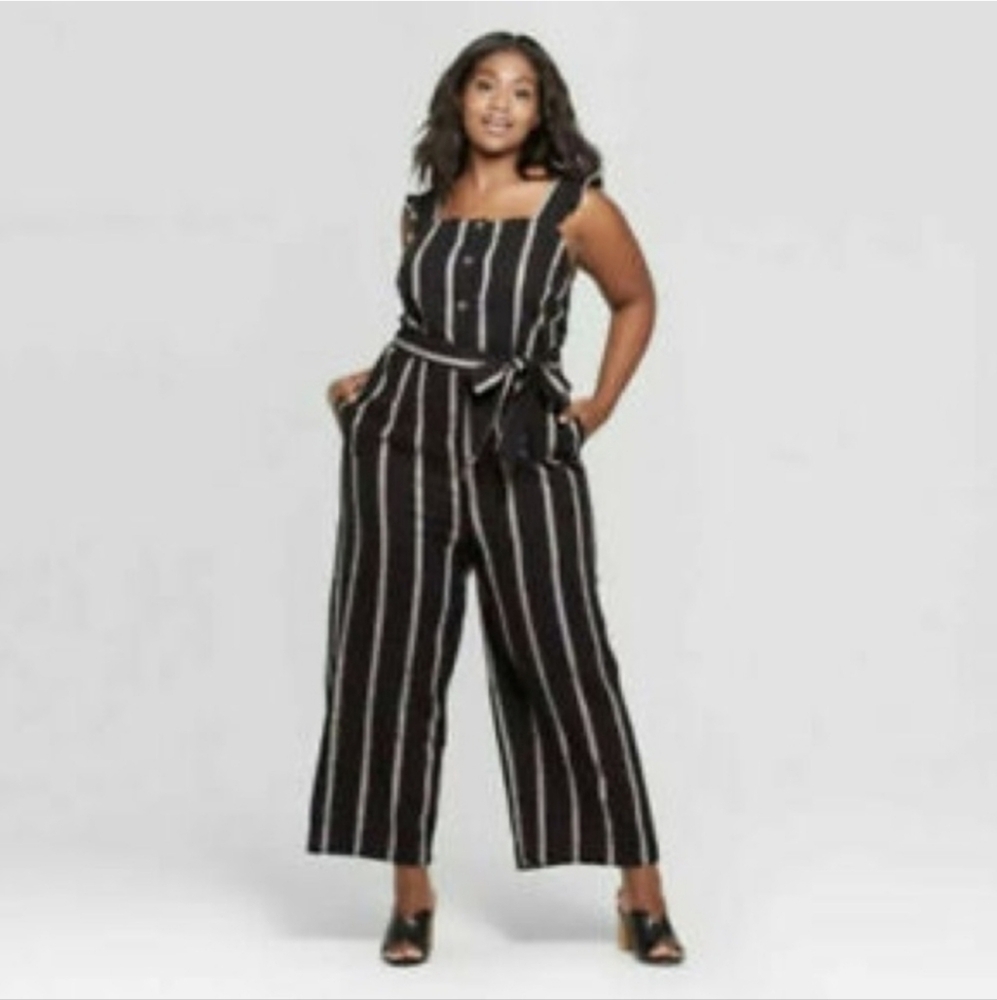 New Who What Wear Striped Black & White Linen Ble.d Plus Size Jumpsuit XXL